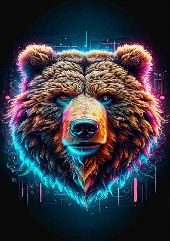 A powerful bears head in neon art strength | Canvas