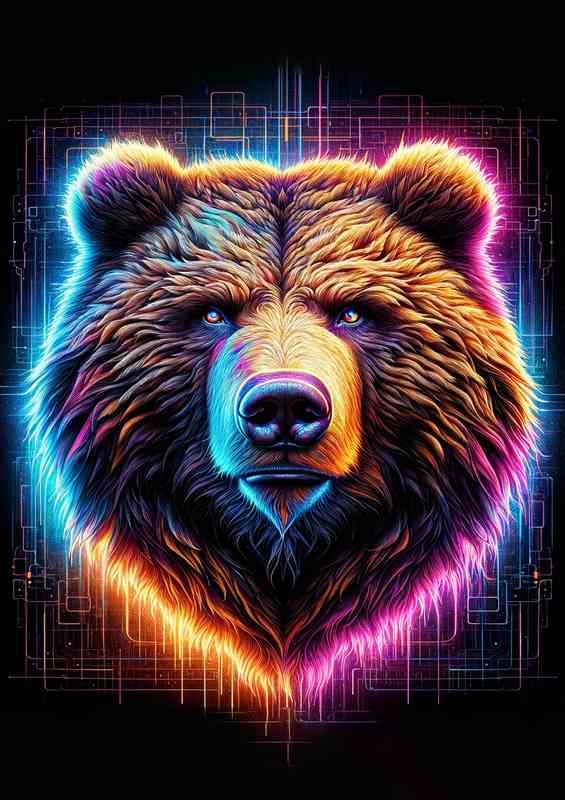 A powerful bears head in neon digital art style | Di-Bond
