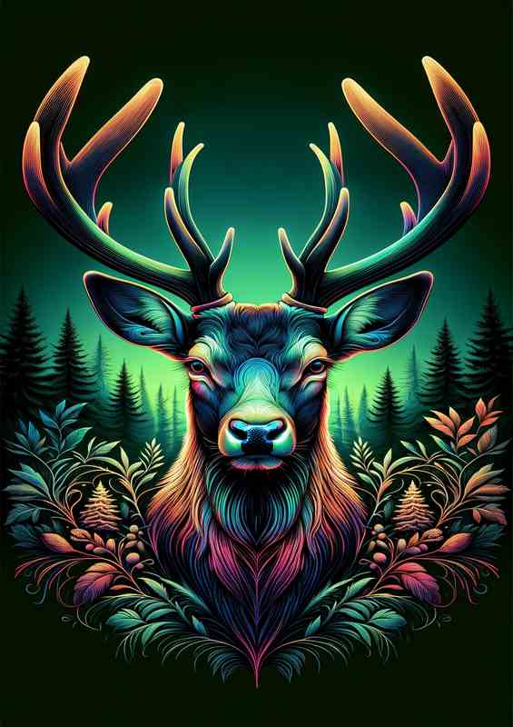 A regal deers head in neon art a forest in the background | Di-Bond