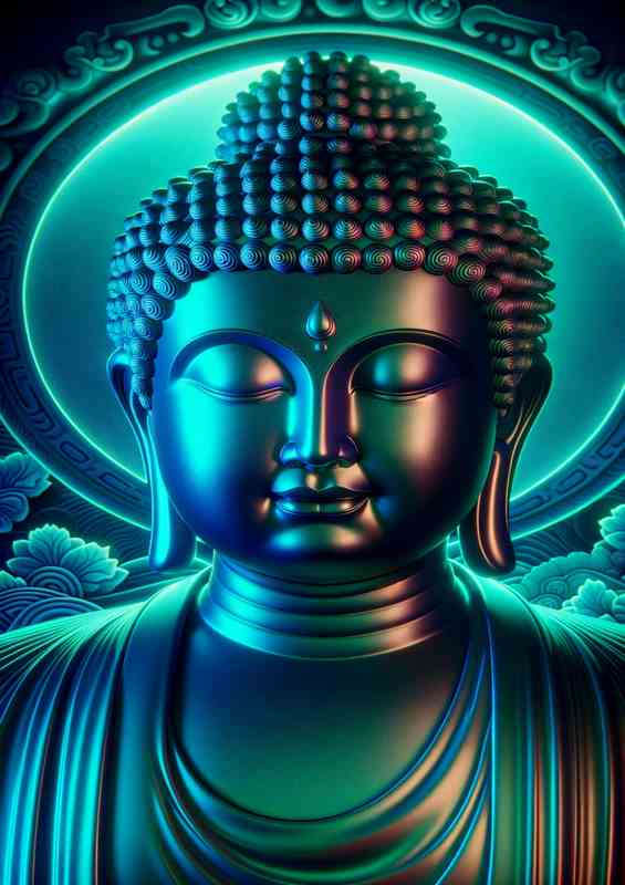 A serene Buddha figure bathed in tranquil neon colors | Di-Bond