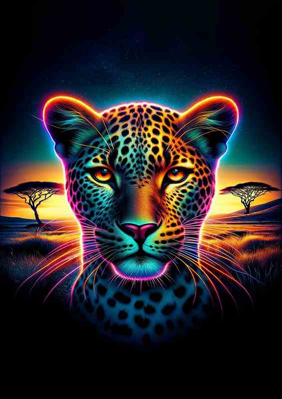 A sleek leopards head in neon African savanna | Canvas