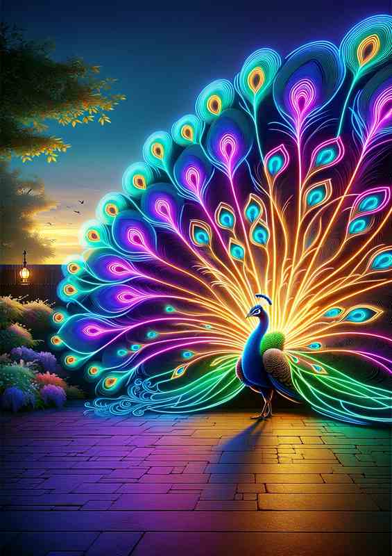 Neon Peacock Metal Poster, Magnificent Tail Feathers