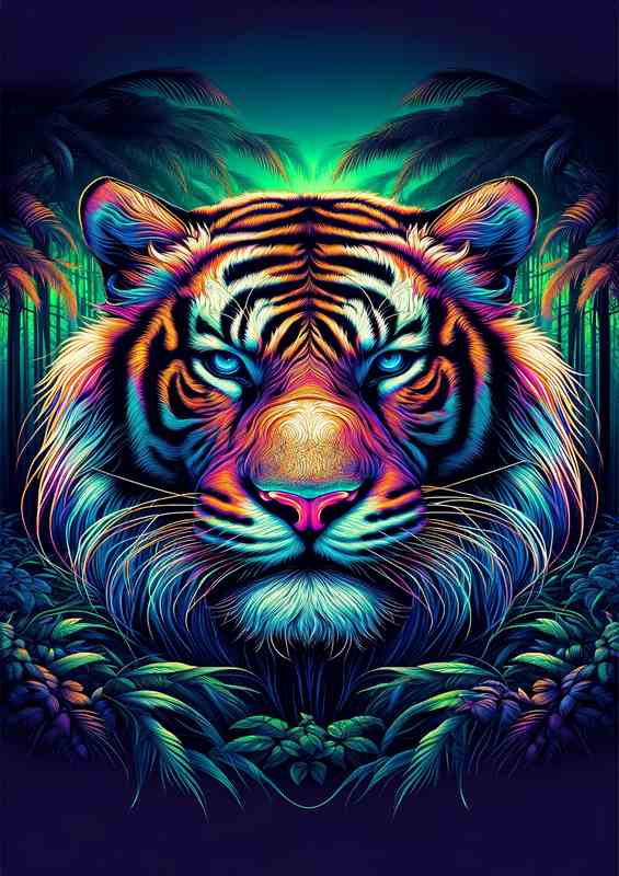 A striking tigers head in neon digital art | Di-Bond