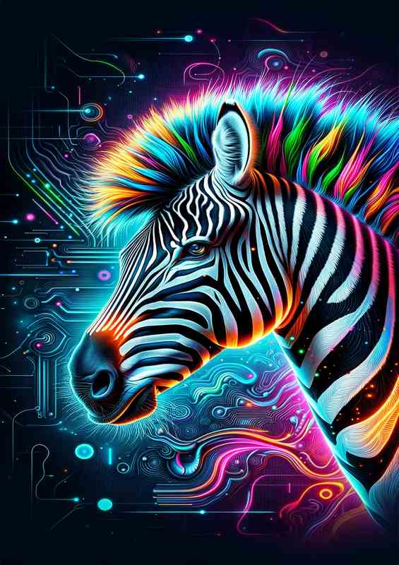A striking zebras head in neon digital art | Canvas