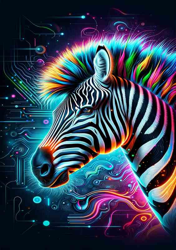 A striking zebras head in neon digital art | Di-Bond