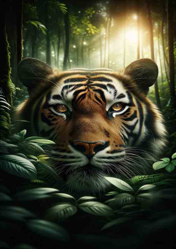 A tigers face emerging from dense jungle foliage | Poster