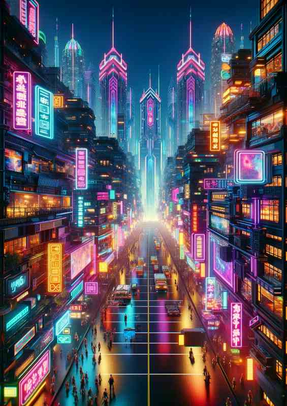 A vertical view of a neon lit cyberpunk city street | Canvas