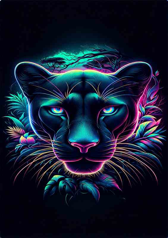 Amospheric sleek panthers head in neon art style jungle | Canvas