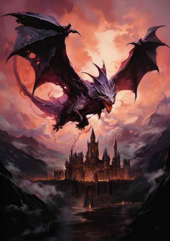 Dragon flying over a castle with fire skies | Di-Bond