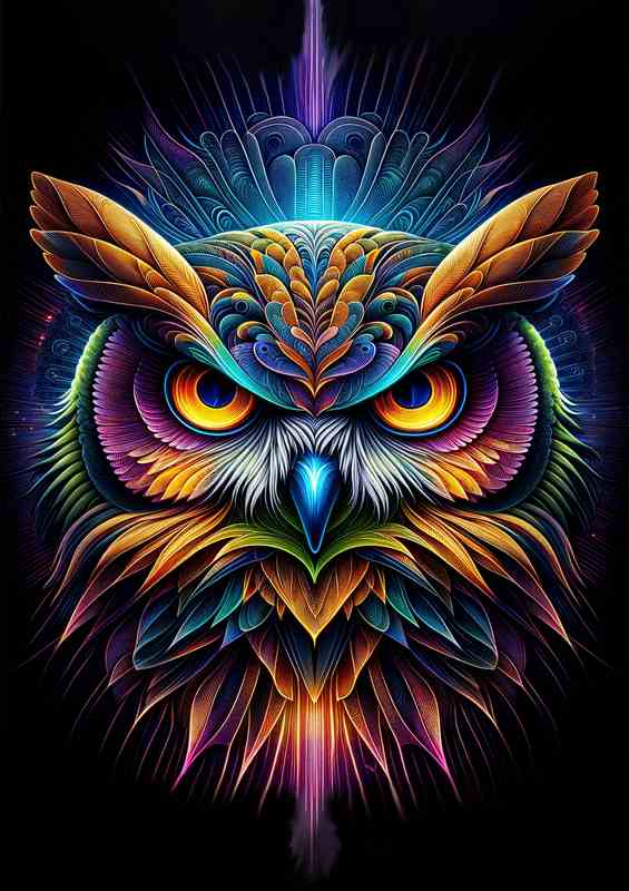An intricately mysterious owls head in neon digital art style | Canvas