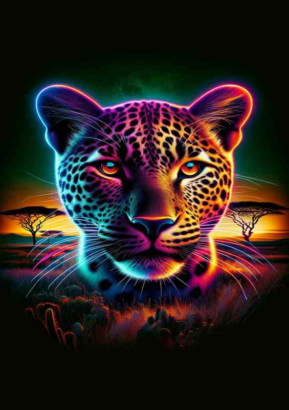 Atmospheric image of a sleek leopards head in neon art style | Poster