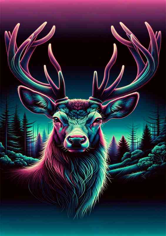 Atmospheric regal deers head in neon digital art style | Canvas