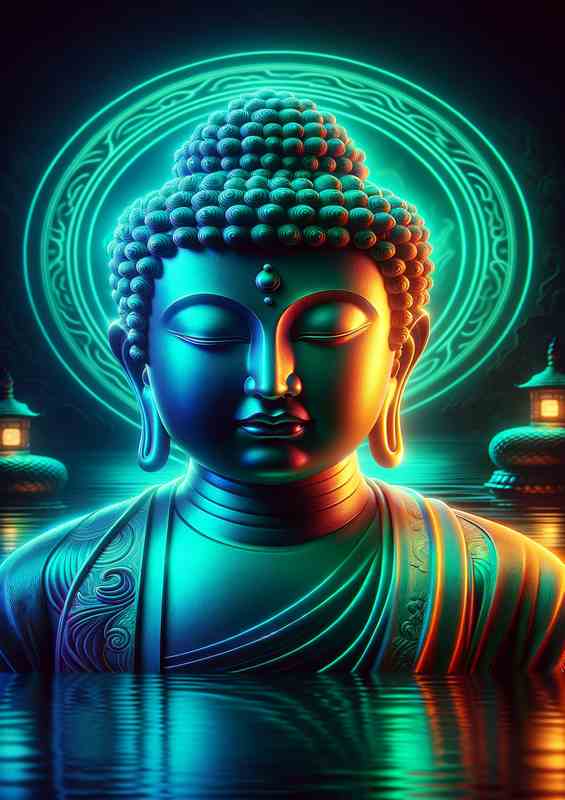 Buddha figure, bathed in tranquil neon face is depi | Di-Bond