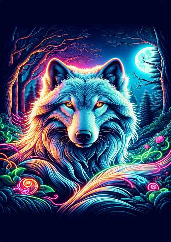Mystic Wolf Neon Art on Canvas