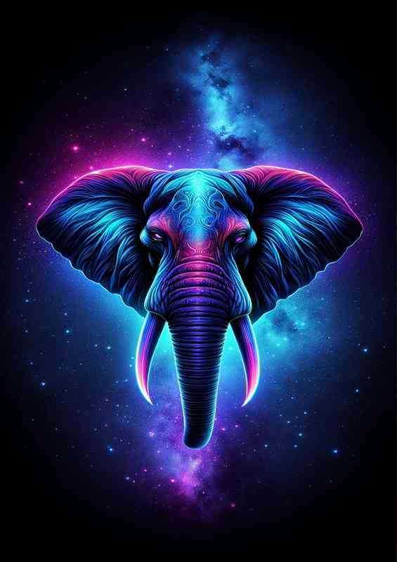 Glowing Neon-Blue & Purple Elephant Metal Poster