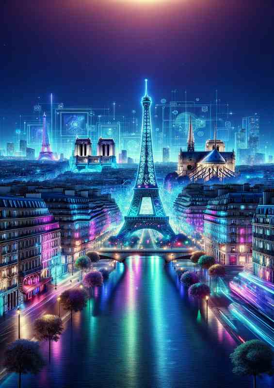 Famous Paris skyline illuminated in dazzling neon colors | Poster