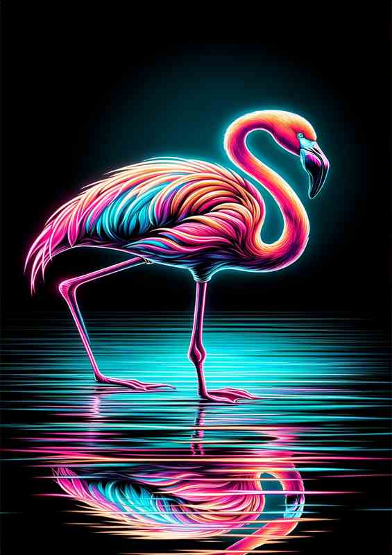 Graceful Flamingo in Neon Art | Tranquil Water | Canvas
