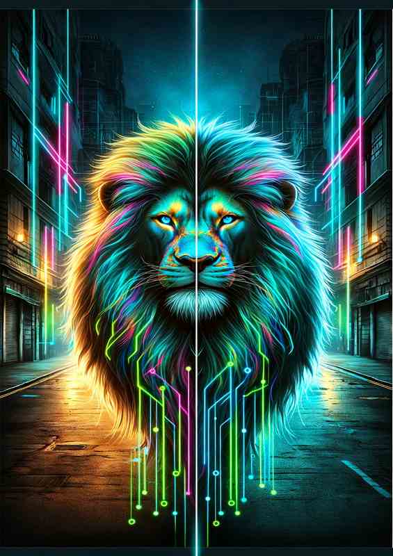Lion with a neon cyberpunk twist stands boldly against dark | Di-Bond