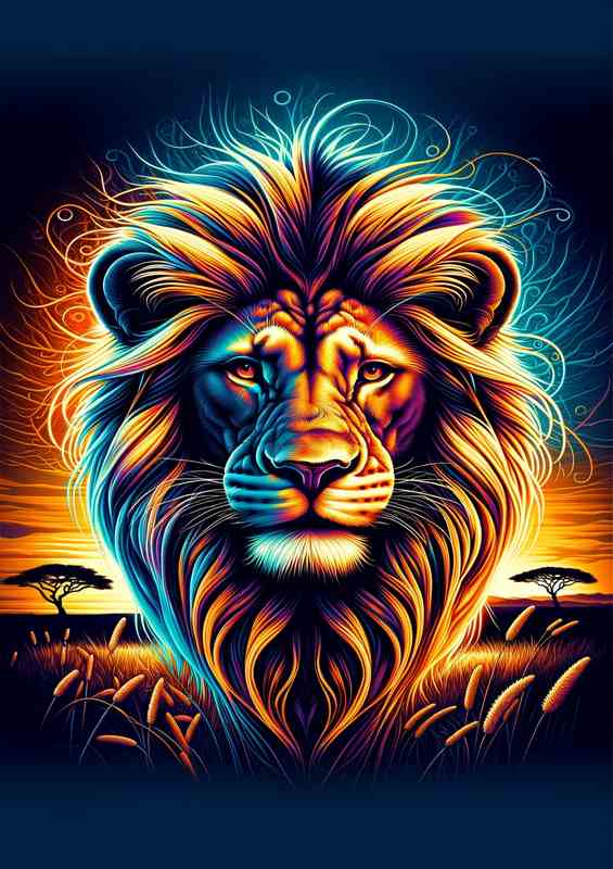 Lions head in neon digital art style African savanna | Canvas