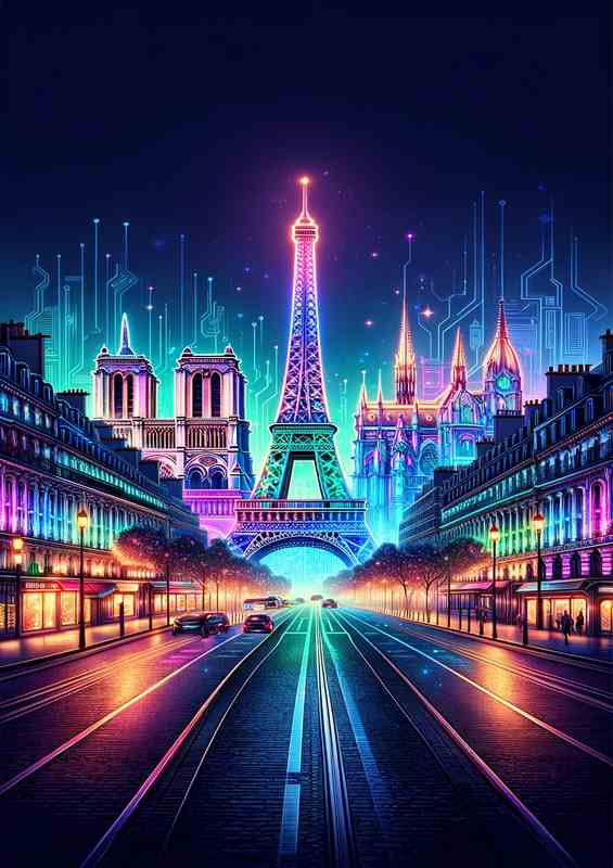 Paris skyline illuminated in dazzling neon colors | Canvas