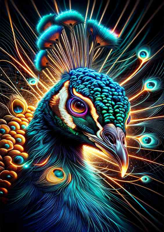 Peacocks head in neon digital art style | Poster
