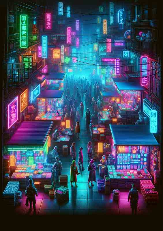 Vertical portrait of a neon lit cyberpunk marketplace | Poster