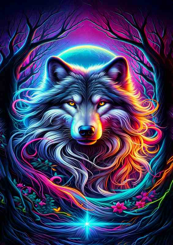 Mystic Forest Wolf Neon Art Poster