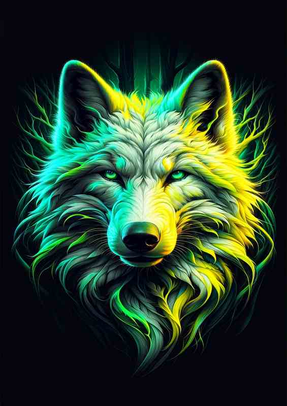 Glowing Wolf Poster - Neon Green & Yellow Fur