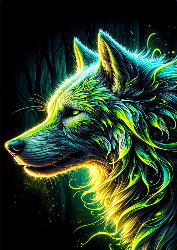 Wolfs head, with neon green and yellow tones | Di-Bond