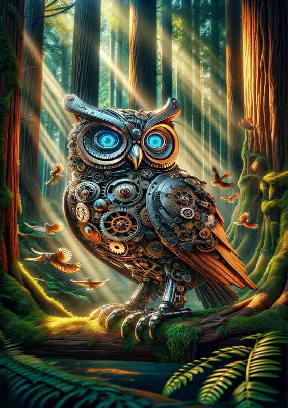 Automaton Steampunk Owl in Forest | Poster
