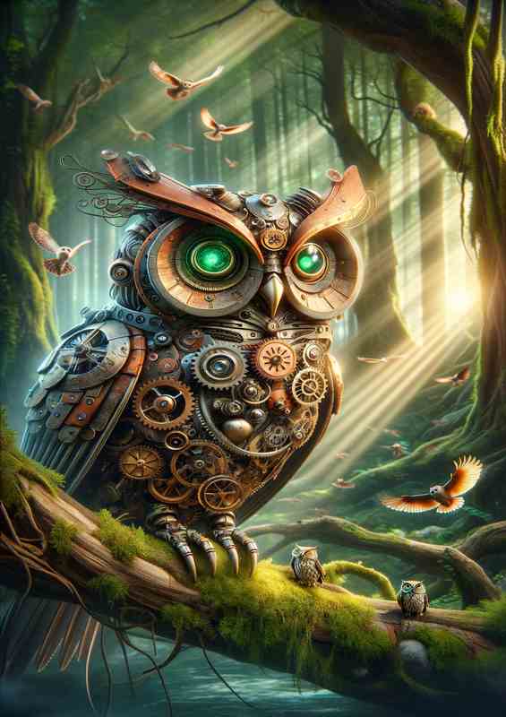 Whimsical Automaton Steampunk Owl in Forest | Poster