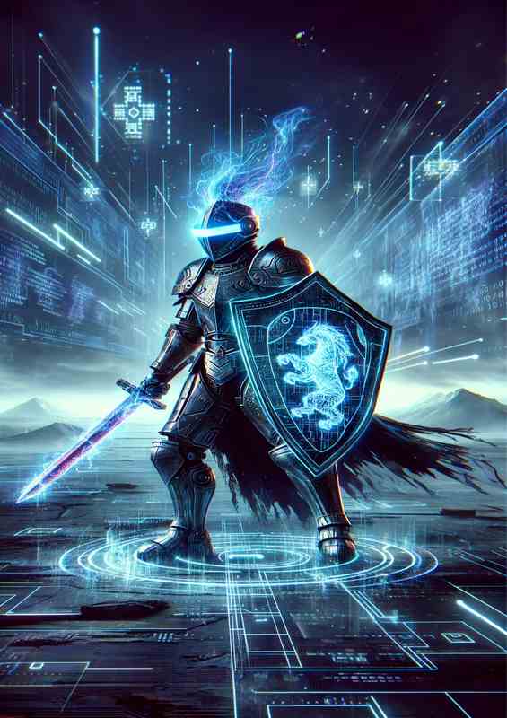 A futuristic knight in cyber armor standing | Poster