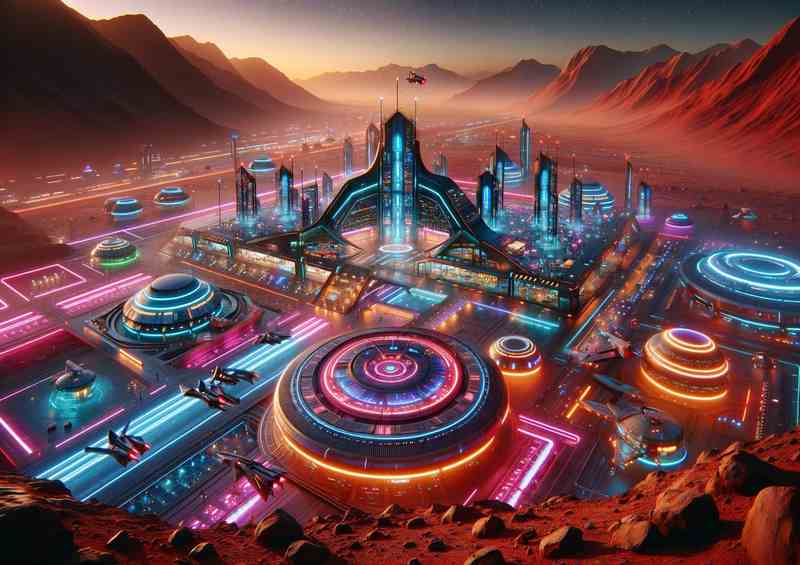 A Futuristic Neon Spaceport on Mars | Poster