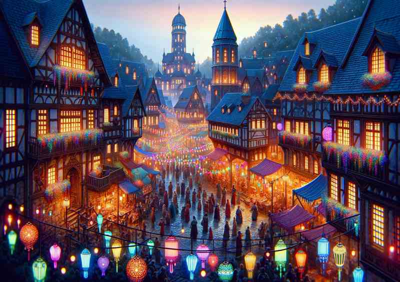 A Medieval Village Celebrating with Neon Lanterns | Poster