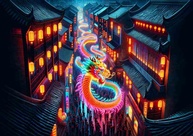 A Neon Dragon Dance in a Historical Chinese Town | Poster