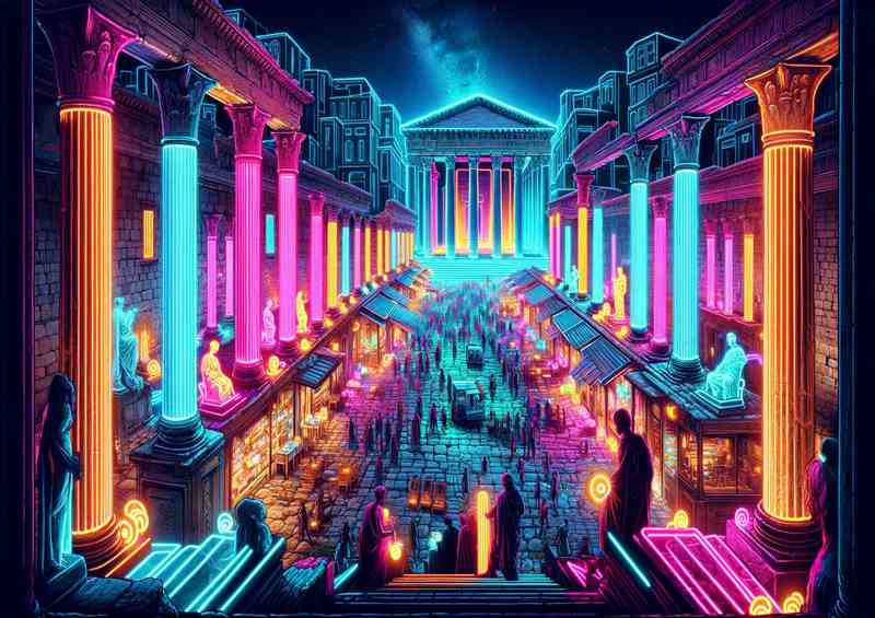 A Neon Infused Ancient Greek Agora at Night | Poster