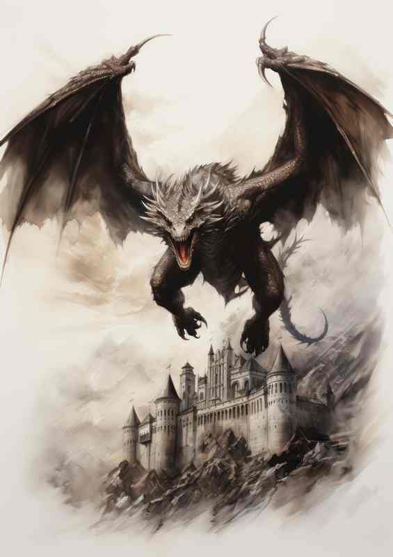 Drawing style of an angry dragon flying over a castle | Metal Poster