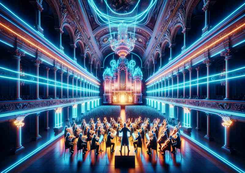 A Neon Symphony Orchestra in a Baroque Hall | Poster