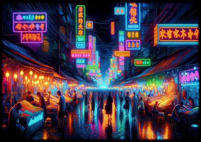 Bustling Neon Night Market with Multicolored Neon Lights | Canvas
