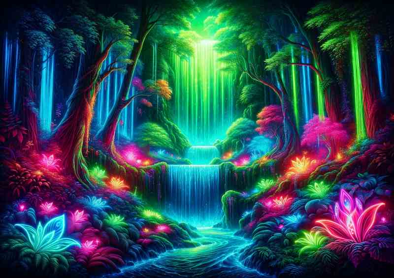 Enchanting Neon Waterfall in a Mystic Forest | Di-Bond
