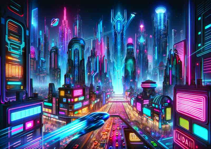 A cityscape at night illuminated by neon lights | Poster