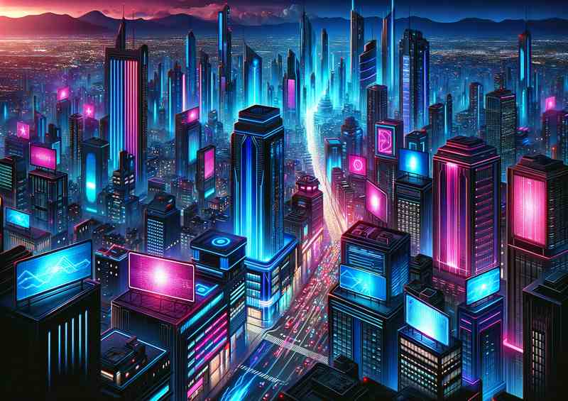 A futuristic cityscape at night featuring vibrant neon lights | Poster