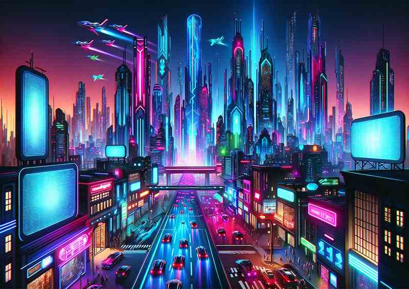 A futuristic cityscape at night illuminated by neon lights | Poster
