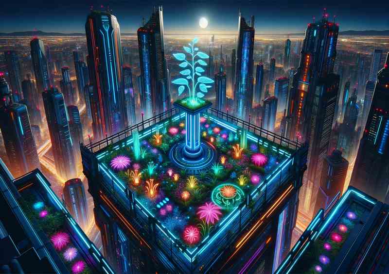 A futuristic neon sky garden in a metropolis | Poster