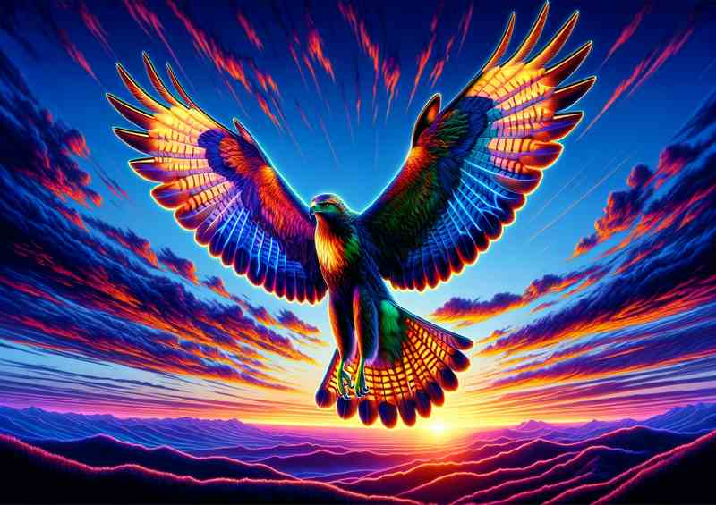 A hawk soaring in the sky rendered in a neon art style | Poster