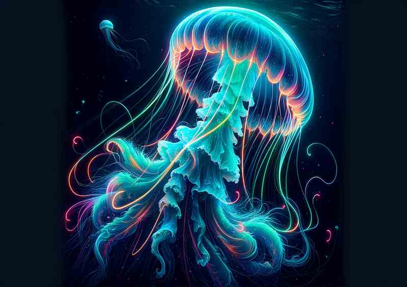 A jellyfish floating in the ocean depths in a neon art style | Canvas