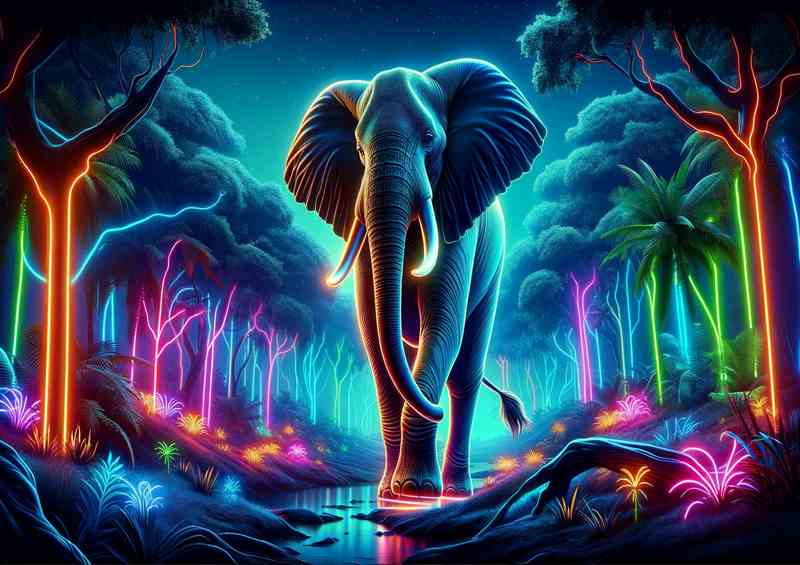 A magnificent elephant walking through a neon lit jungle | Poster