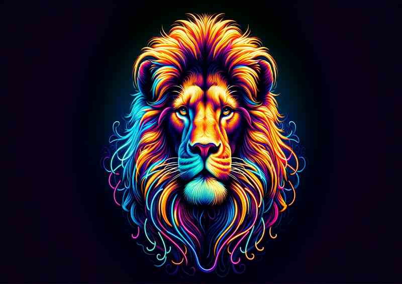 A majestic lion in a neon art style featuring vibrant colors | Poster