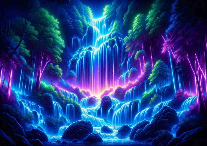 A majestic neon waterfall in a lush forest | Canvas