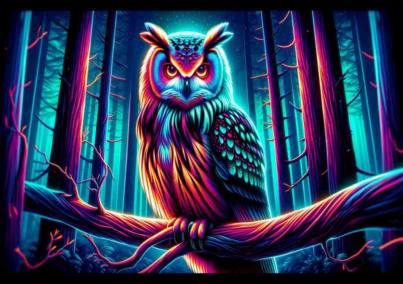 A majestic owl perched on a tree branch in a neon art style | Canvas